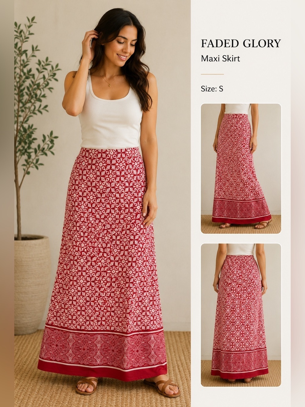 Faded Glory Red & White Boho coastal summer nautical Maxi Skirt Size S (4-6)